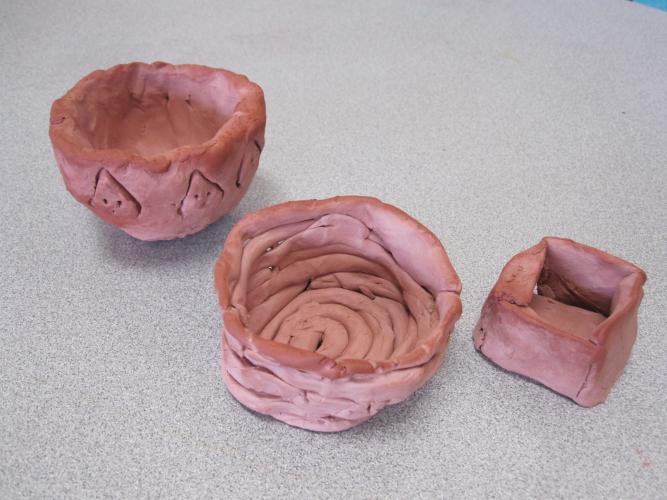Hand-building pottery techniques: Pinch, Coil, and Slab pots. 4th grade