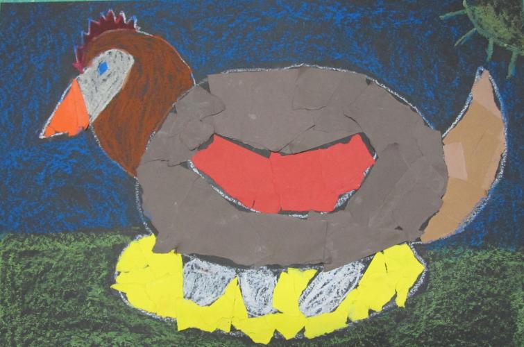 Springtime Hen on Eggs torn paper and oil pastel collage, 2nd grade