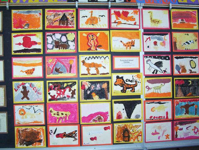 "Warm-Hued" animal paintings, 1st grade