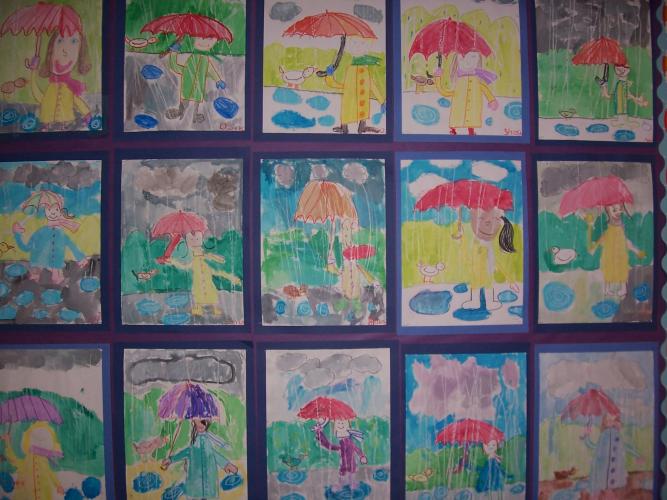 1st grade umbrella Watercolor Crayon Resist paintings