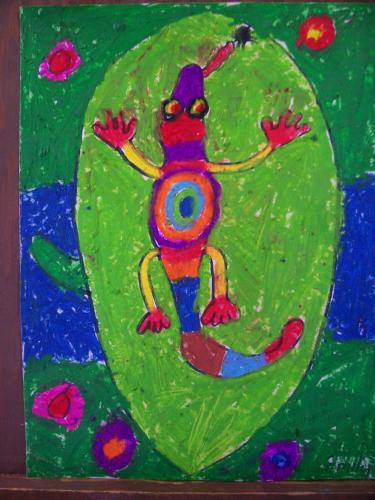 "Leapin' Lizards" gecko drawings, Oil Pastel, 2nd grade