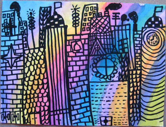 Cityscape line drawing over watercolor wash, 3rd grade