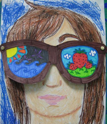 "Shades of Summer" Oil-Pastel/mixed-media interactive portrait, 8th grade 