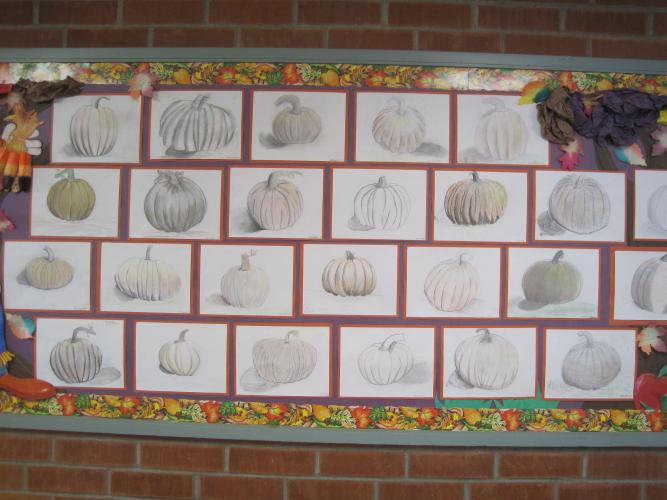 pumpkin drawings emphasizing shading and form, 8th grade