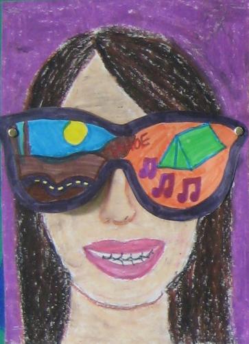 "Shade of Summer" Oil-Pastel/mixed-media interactive portrait, 8th grade 
